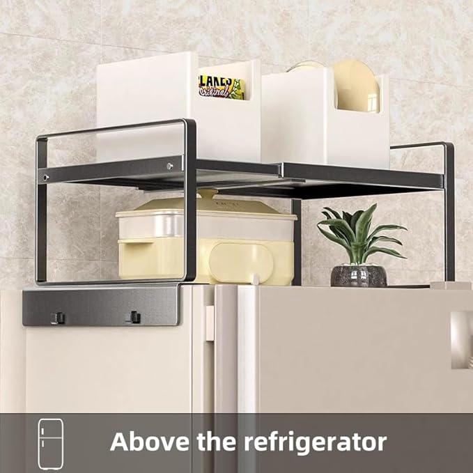 Adjustable Fridge Top Storage Rack,20.8"-36.6" Expandable Organizer Shelf,Refrigerator Storage, Anti-Slip,L-Shaped Design,Space Saver for Kitchen,Laundry,Dorm (Fits Most Appliances)