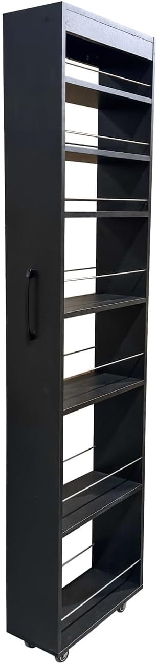 JOYSOURCE Slim Pull-Out Kitchen Cart with 7 Tiers, Narrow Rolling Storage Cabinet for Next to Fridge, Tall 7-Tier Organizer Rack with Black Handles & Wheels Black