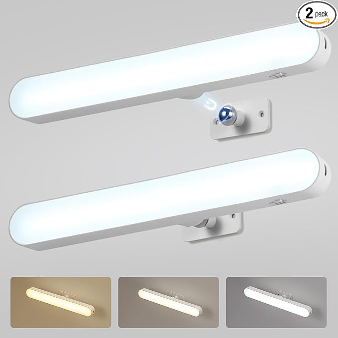 Combuh 2 Pack Battery Operated Bathroom Mirror Lights Bar for Vanity Stick on, Rechargeable 14 Days Extended Battery Life Bright Make up Lighting Cordless 360° Adjustable Luces para Espejo for Desk