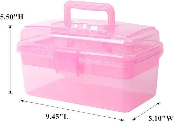 BangQiao Multipurpose Plastic Storage Container Organizer Box Case with Removable Tray and Handle for Art, Craft, Sewing Supplies, Clear&Pink