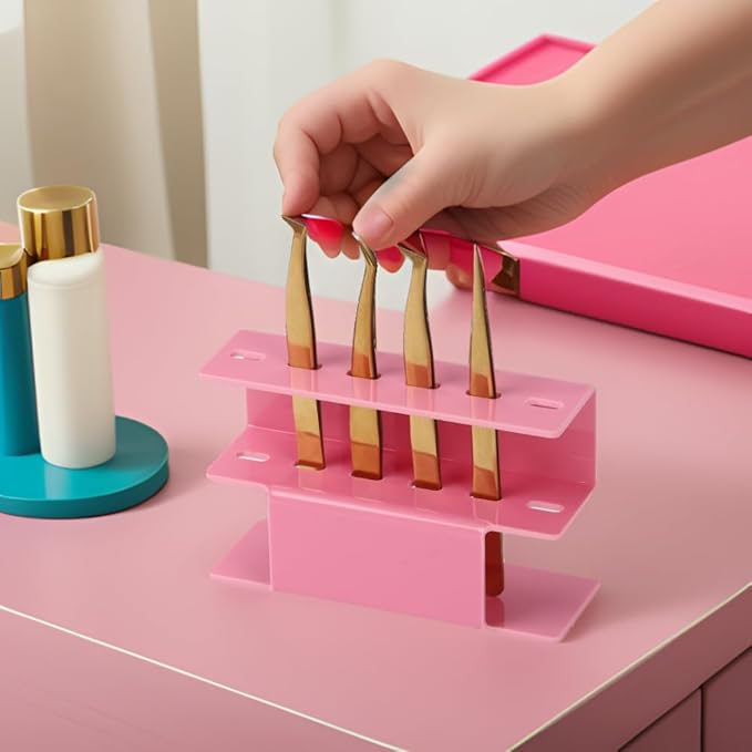 6 Holes Acrylic Tweezers Holder, Tweezers Stand Display Organizer for Eyelash Extension Supplies (Pink 6 Holes)