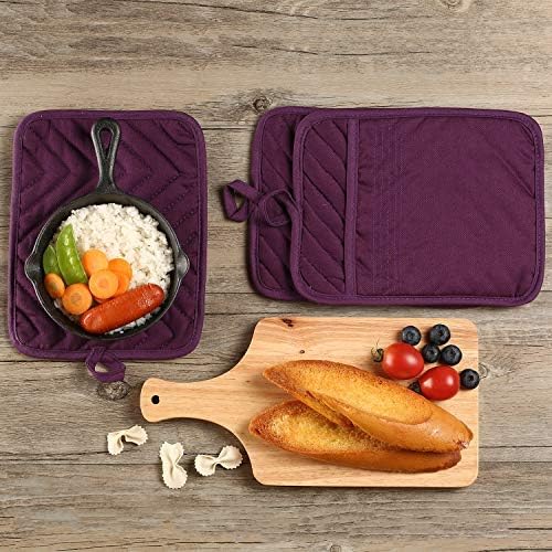 VEIKERY Oven Pot Holder with Pocket Cotton Heat Resistant Coaster Potholder Kitchen Hot Pad Oven Mitts for Cooking Square 7"x9"Set of 5 (Purple)
