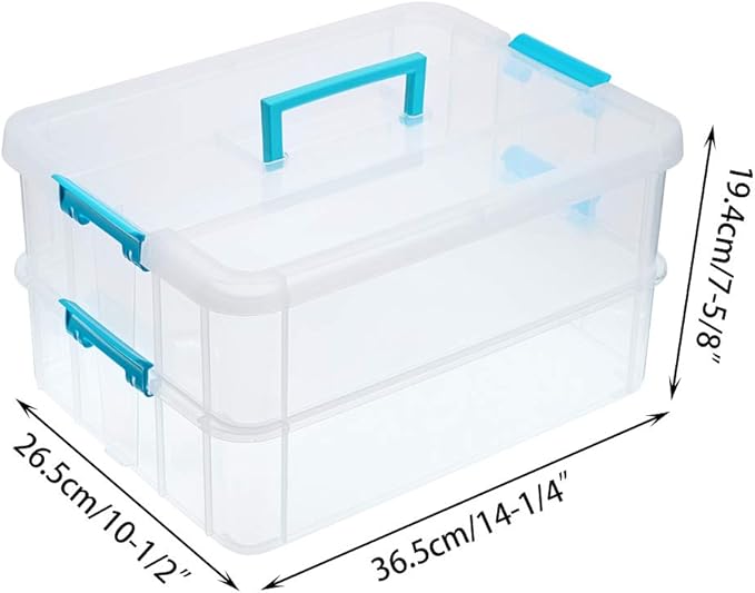 BTSKY 2 Layer Stack & Carry Box, Plastic Multipurpose Portable Storage Container Box Handled Organizer Storage Box for Organizing Stationery, Sewing, Art Craft, Jewelry and Beauty Supplies Blue