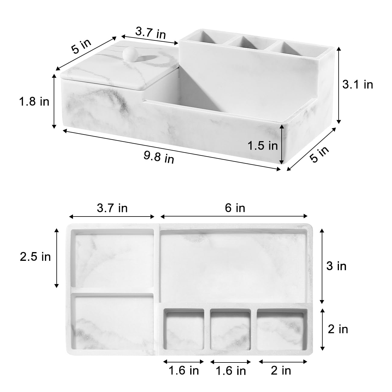 Luxspire Bathroom Counter Organizer, Marble Toothbrush Holder for Bathroom 6 Slot, Bathroom Vanity Organizer with Lid, Bathroom Organizer Countertop for Cotton Ball, Q-Tips, Floss, Gravel White