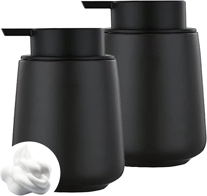 12Oz Hand Soap Dispenser Set - 2 Pack Ceramic Foam Soap Dispenser Set with Easy-to-Press Black Pump, Refillable Mordern Foaming Dish Soap Dispensers for Bathroom & Kitchen (Black, Foam Pump)