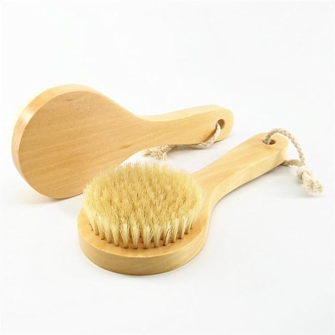 HiKin Wooden Short Handle Dry Body Brush Scrubber, 7.87 Inch Natural Bristles Bath & Shower Brush Scrubber.