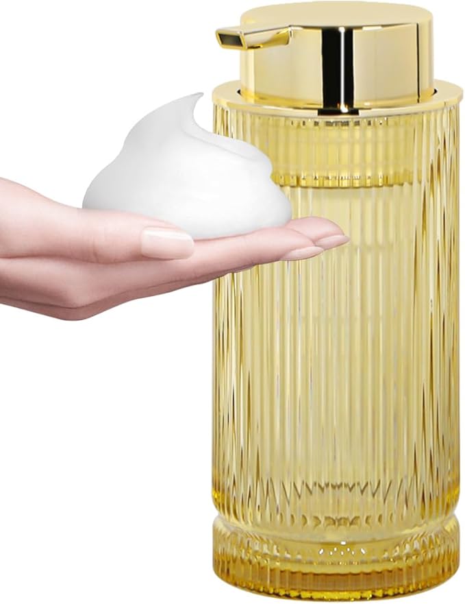 Tonxus 14 Oz Foaming Soap Dispenser, Amber Glass Soap Dispenser, Refillable Foam Pump Bottle Lotion Container with Gold Pump, Decorative Slim Ribbed Bottle for Bathroom and Kitchen Decor