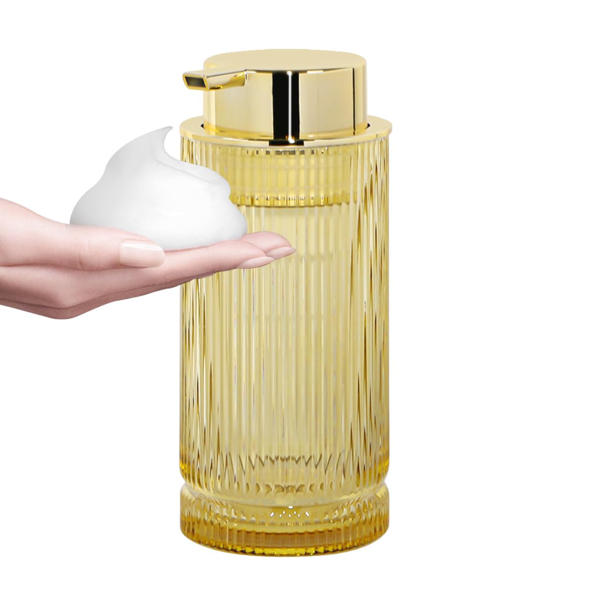 Tonxus 14 Oz Foaming Soap Dispenser, Amber Glass Soap Dispenser, Refillable Foam Pump Bottle Lotion Container with Gold Pump, Decorative Slim Ribbed Bottle for Bathroom and Kitchen Decor