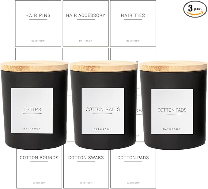 Ezebesta 3PCS Modern 13.53oz Black Bathroom Canisters with 12 Labels & Wooden Lid Thick Glass Jar Set Qtip Holder for Cotton Ball & Pads Storage Organization Minimalist Decor