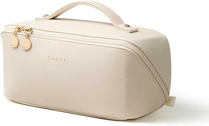 EACHY Travel Makeup Bag, 2.0 Cosmetic Bag for Women, Waterproof PU Leather,Flat Open Portable Toiletry Bag for Skincare, Brushes & Travel Essentials