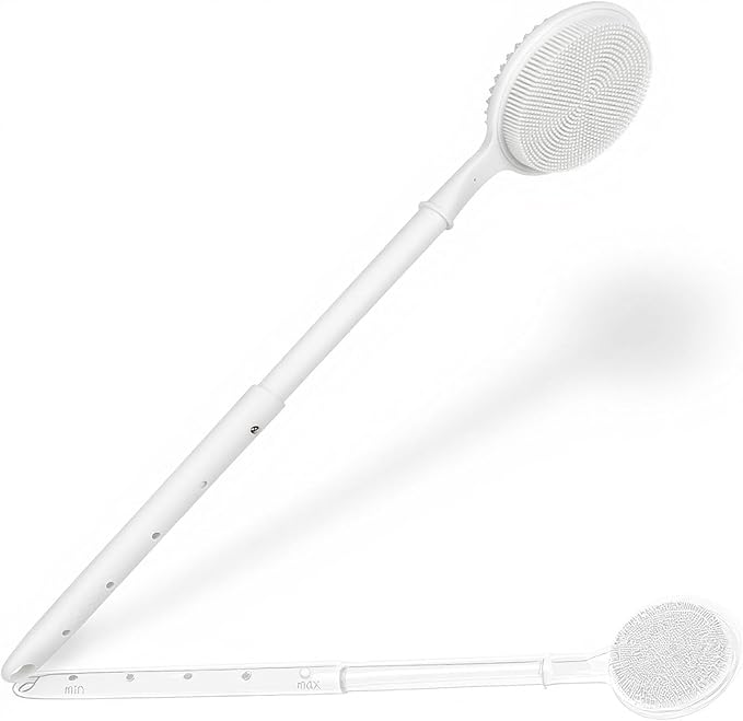 OZNER 24 Inches Silicone Back Scrubber for Shower - Extendable Long Handle Shower Brush with Dual-Sided Bristles - Exfoliating Body Scrubber for Sensitive Skin - Perfect for Men & Women (White)