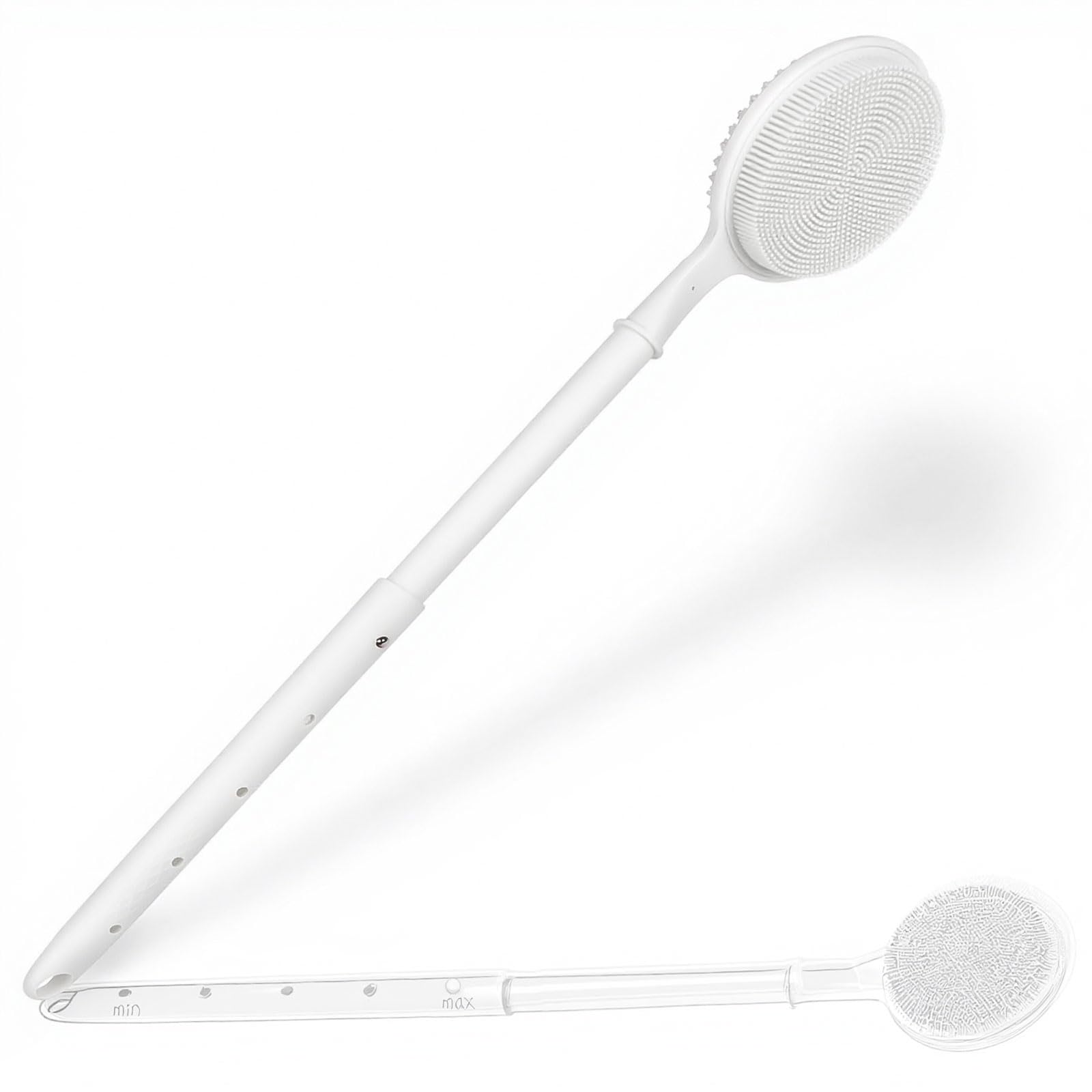 OZNER 24 Inches Silicone Back Scrubber for Shower - Extendable Long Handle Shower Brush with Dual-Sided Bristles - Exfoliating Body Scrubber for Sensitive Skin - Perfect for Men & Women (White)