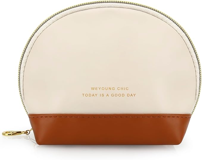 JINSI Small Makeup Bag Travel Cosmetic Bag Toiletry Zipper Pouch Make Up Organizer Bag with Handle Purse for Women Soft PU Leather Skincare Case (S01-Beige)