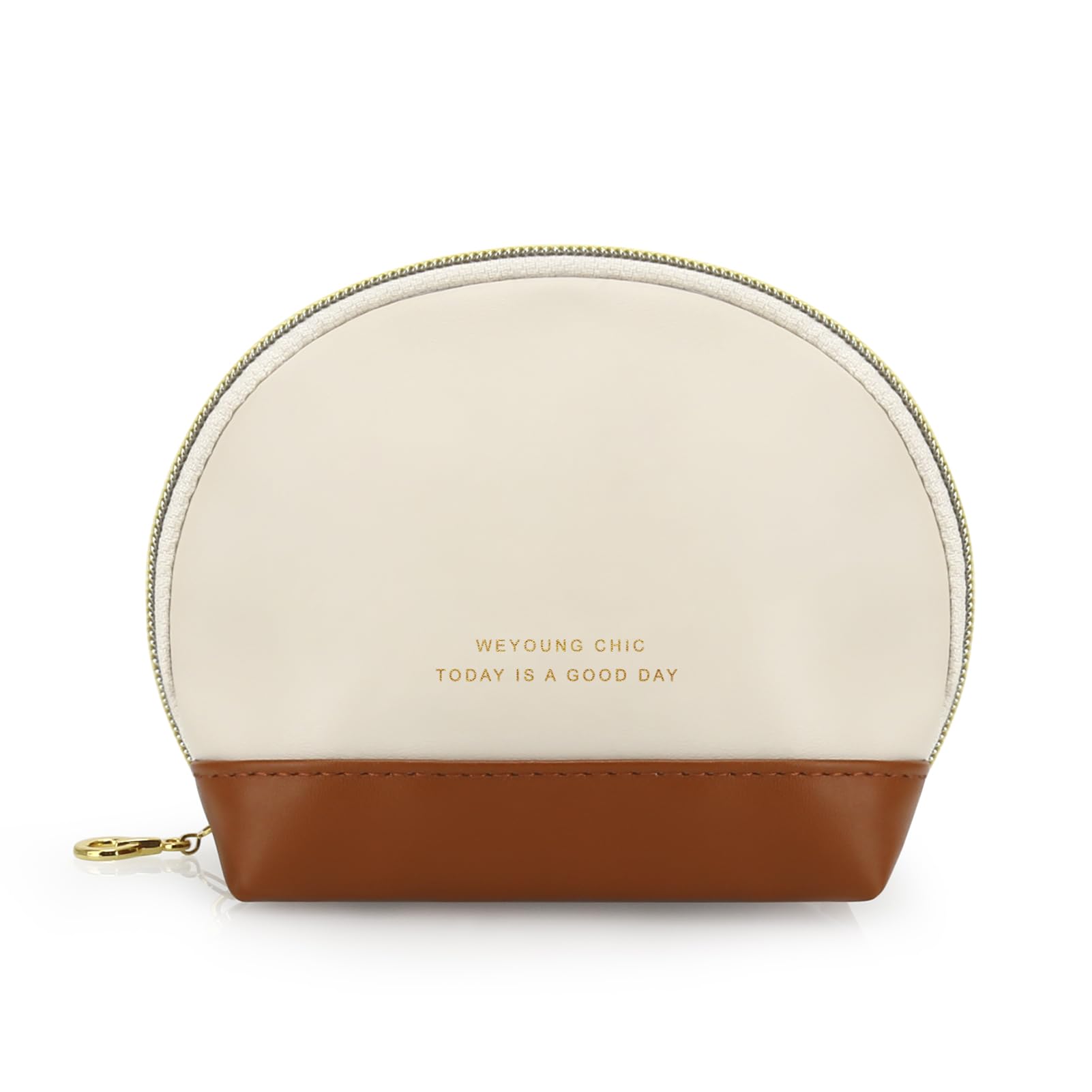 JINSI Small Makeup Bag Travel Cosmetic Bag Toiletry Zipper Pouch Make Up Organizer Bag with Handle Purse for Women Soft PU Leather Skincare Case (S01-Beige)