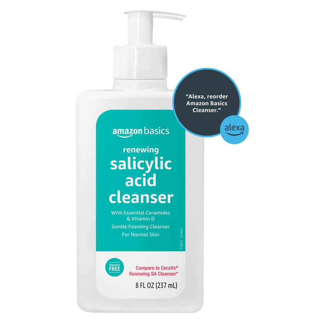 Amazon Basics Exfoliating Face Wash Cleanser, Renewing Salicylic Acid with Ceramides & Vitamin D, Foaming Formula, Smooths Skin, 8 fl oz