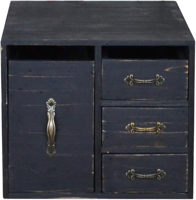 Juleduo Rustic Beauty Organizer 4 Drawers - kitchen storage Wooden Cosmetic Storage Box for Neat & Home Office Desk &Organize &Storing of Makeup Tools,Bathroom Counter-top(Black, L)
