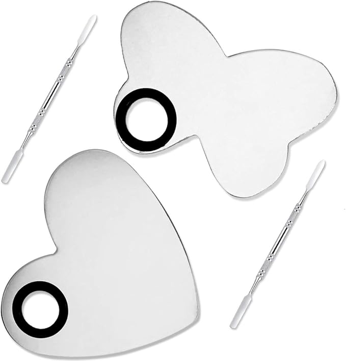 AYWFEY 2 Sets 2 in 1 Makeup Mixing Palette, Stainless Steel Cosmetic Makeup Palette Tray with Spatula, Professional Makeup Mixer Pallet Makeup Artist Tools for Blending Cosmetic Eye Shadow Lipstick
