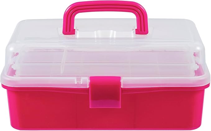 MyGift 13-Inch Dark Pink Plastic Craft Organizer and Storage Box – Clear Carrying Case with Latching Lid & 2 Expandable Trays for Sewing, Tools, First Aid, and Art Supplies