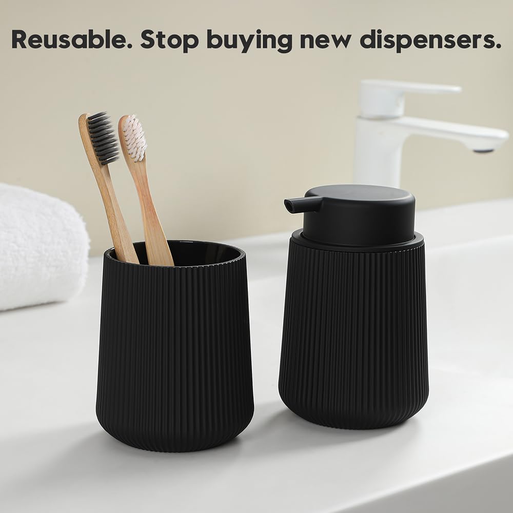 YAUKPH Striped Foaming Hand Soap Dispenser with Leak-Proof Pump for Bathroom and Kitchen Countertop 11oz Black