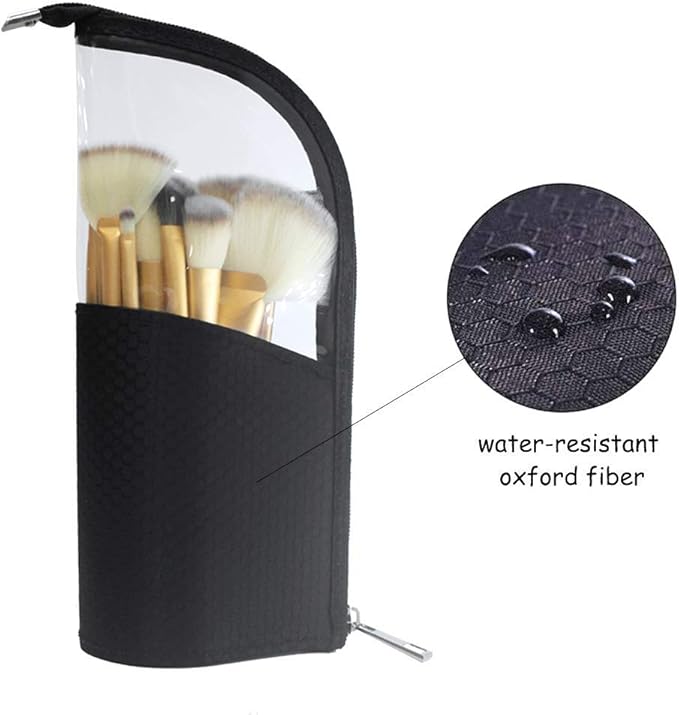 ANEMEL Black Travel Makeup Brush Holder 2-Pack, Organizer Bag Clear Plastic Cosmetic Zipper Pouch Portable Waterproof Dust-Free Stand-Up Small Toiletry Stationery Bag with Divider