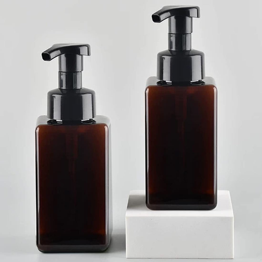 Foaming Soap Dispenser, 450ml(16oz) Refillable Modern Square Pump Bottle for Shampoo, Body Wash, Liquid Soap, PETG Plastic Empty Soap Dispenser for Kitchen, Bathroom, Hospital. 2 Pcs (Brown)