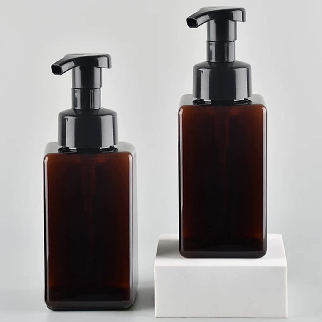 Foaming Soap Dispenser, 450ml(16oz) Refillable Modern Square Pump Bottle for Shampoo, Body Wash, Liquid Soap, PETG Plastic Empty Soap Dispenser for Kitchen, Bathroom, Hospital. 2 Pcs (Brown)