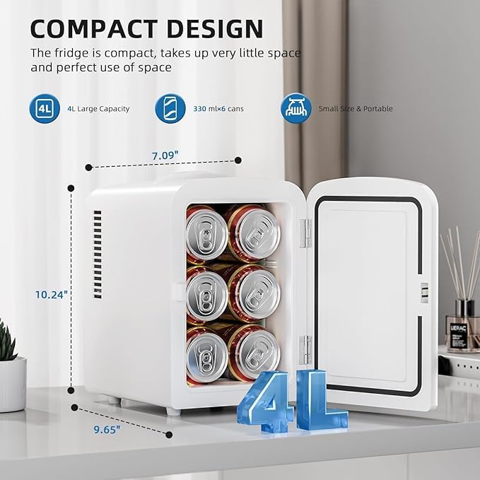 Electactic Compact Refrigerator, Portable Mini Fridge, Skin Care 4L/6 Cans, for Bedroom, Car, Office & Dorm, Small Cooler for Cosmetics, Beverage and Food, White