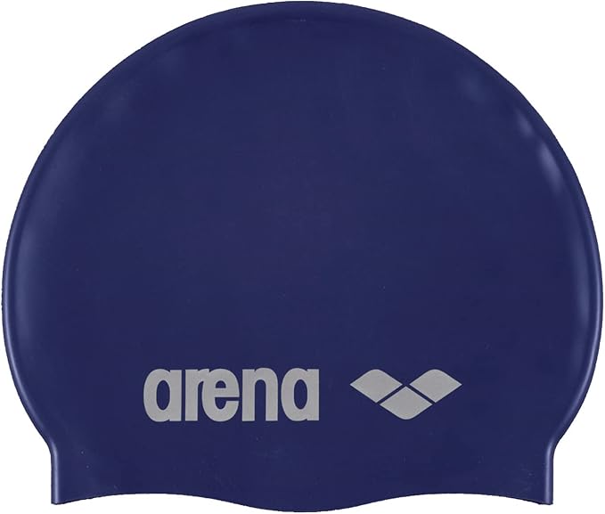 Arena Classic Unisex Soft Silicone Swim Cap for Women and Men, Intensive Training and Racing Comfortable Non-Slip Long Hair Swimming Hat, Denim/Silver