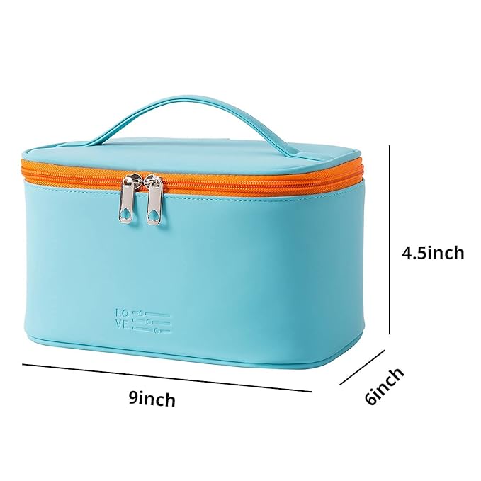 Meiyuuo Travel Makeup Bag for Women, PU Leather Cosmetic Bag, Cyan Blue