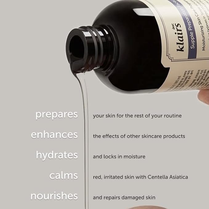 DearKlairs Supple Preparation Facial Toner – Korean Daily Hydrating Formula with Lipidure, Hyaluronic Acid & Centella Asiatica, pH Balancing for Sensitive Dry Skin, Alcohol-Free Vegan, 6.08 Fl Oz