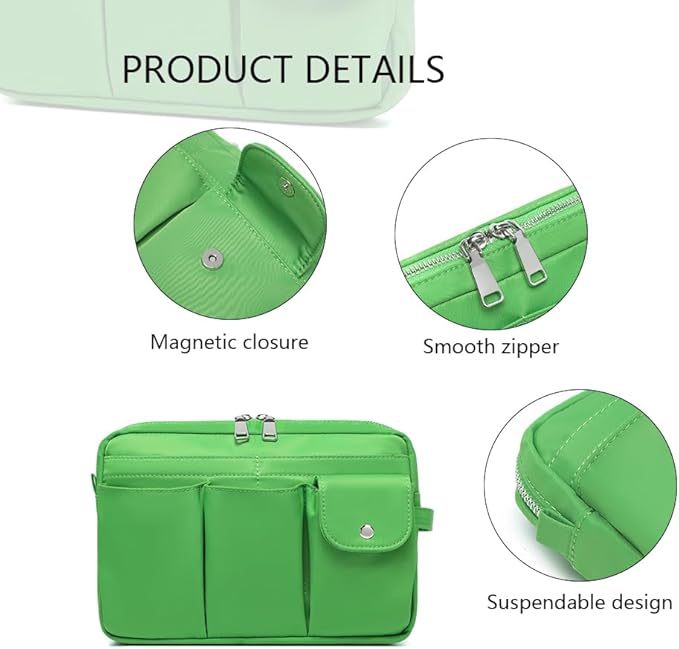 Storage Bag-arge Cosmetic Bag for Women Travel Makeup Bag Zip Up Bag Pure Cotton Canvas Can be Suspended (Grass Green)