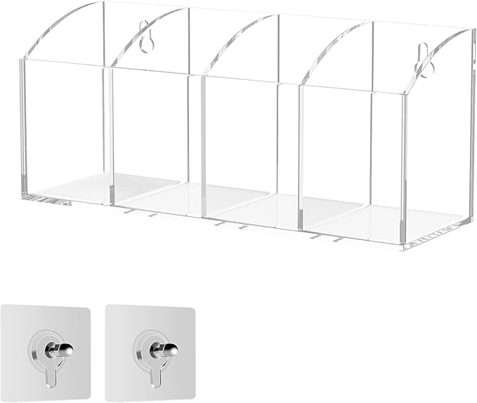 Acrylic Pen Holder Organizer 4 Compartments, Clear Makeup Brush Holder, No Drill Wall Mounting Pencil Holder for Office Accessories