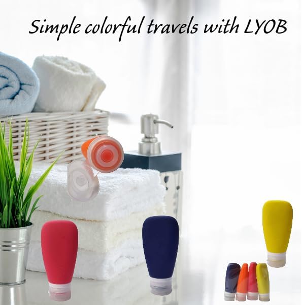 LYOB Travel Bottles for Toiletries, TSA Approved 3 oz Leak Proof Silicone Soft Refillable Squeeze Travel Size Containers BPA Free for Cleansers, Lotions, Shampoo, Conditioner (red,yellow,blue,orange)