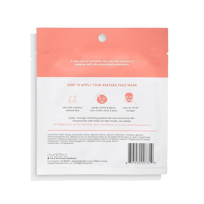 Avatara Juicy Watermellow Facial Mask 5 Sheets, Hydrating Mask, Sheet Masks, Watermelon Extract & Hyaluronic Acid, Face Mask Skincare Beauty Essential, Moisturize & Nourish Dry, Tired Skin, 5 Pack