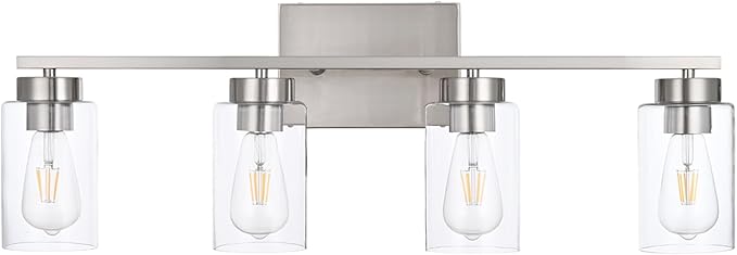 A1A9 4 Light Bathroom Vanity Light Fixtures, Brush Nickel Modern Wall Lights with Clear Glass Shade, Vintage Wall Sconce Lighting for Living Room, Mirror, Bedroom, Hallway (Nickel, 4-Lights)