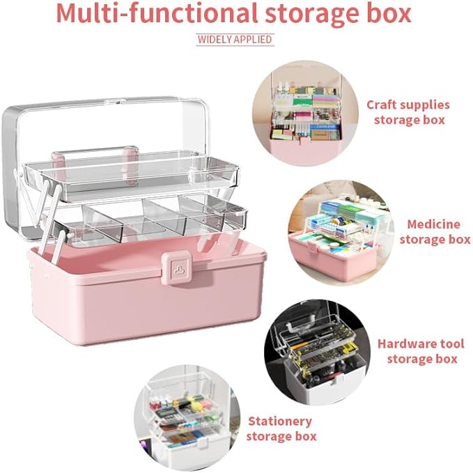 12.9in Three-Layer Multipurpose Storage Box with Handle Portable Tackle Box Folding Art & Craft Case Sewing Supplies Organizer for Makeup, Medicine, Nail, Hair Accessories (Haze Green)