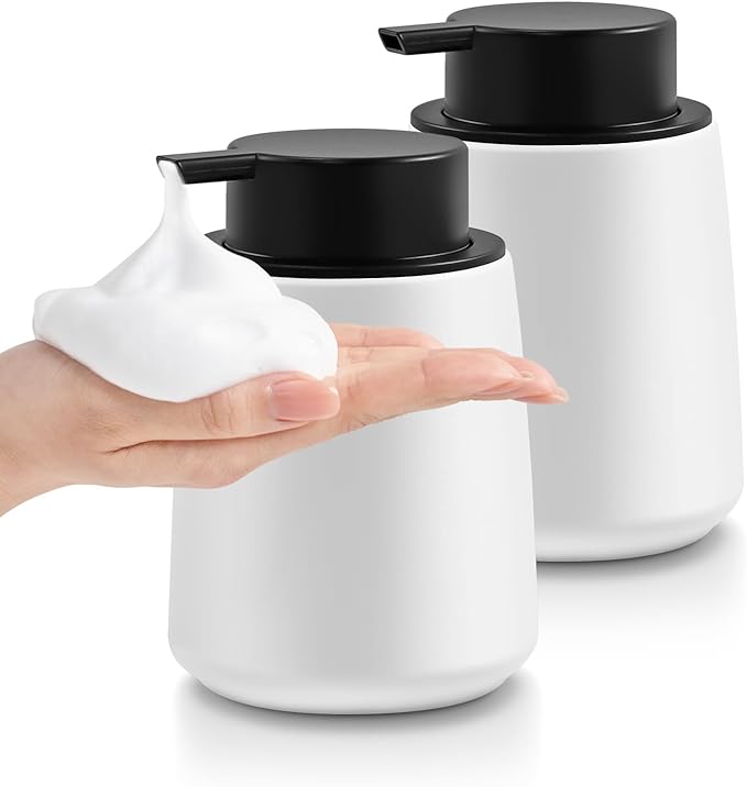 ARTWIND Ceramic Foam Soap Dispenser 2 Pack, 12oz White Lotion Hand Sanitizer Soap Dispenser with Easy-to-Press Pump for Bathroom & Kitchen Countertop Refillable
