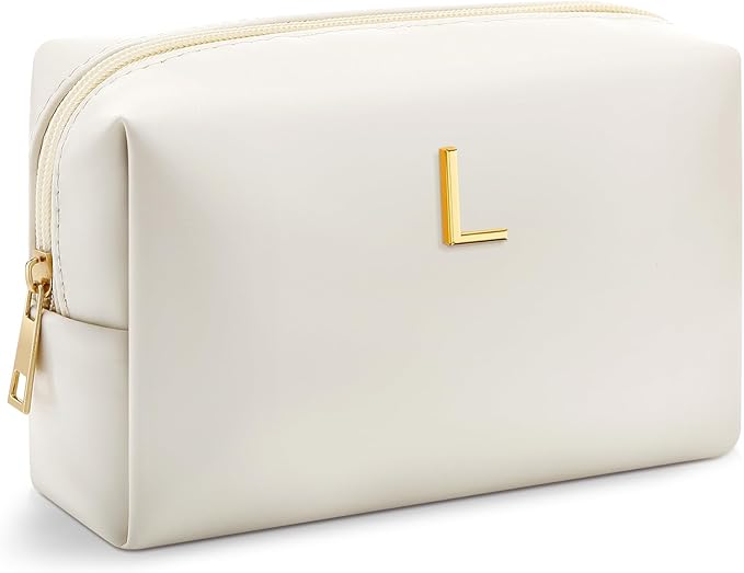 Kigeli Gifts for Women Teen Girls Gifts for Bridesmaid Mom Teachers Graduation Birthday Wedding Personalized Initial Makeup Bag Beige PU Leather Monogram Cosmetic Waterproof Travel Toiletry Bag(L)