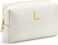 Kigeli Gifts for Women Teen Girls Gifts for Bridesmaid Mom Teachers Graduation Birthday Wedding Personalized Initial Makeup Bag Beige PU Leather Monogram Cosmetic Waterproof Travel Toiletry Bag(L)