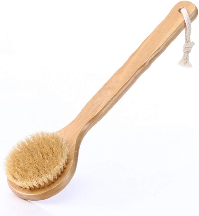 HiKin Dry Bath Body Brush 12.6", Long Handle Natural Bristles Shower Brush Back Scrubber with Anti-Slip Wooden Handle, Good for Exfoliating, Blood Circulation, Detox and Cellulite, etc.