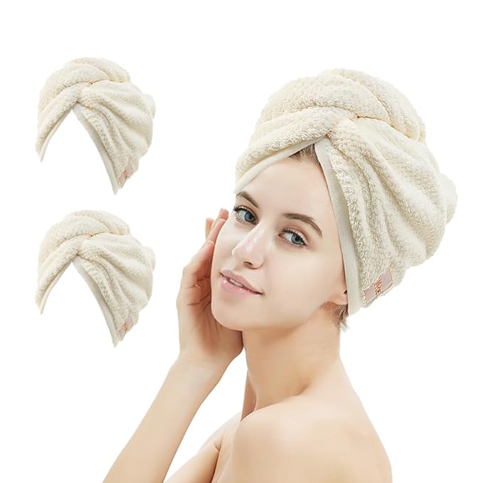 M-bestl 2 Pack Microfiber Hair Towel Wrap,Hair Drying Towel with Button, Absorbent and Soft,Anti-frizz Towel to Dry Hair Quickly(Beige&Beige)
