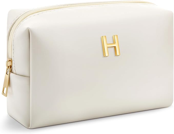 Kigeli Gifts for Women Teen Girls Gifts for Bridesmaid Mom Teachers Graduation Birthday Wedding Personalized Initial Makeup Bag Beige PU Leather Monogram Cosmetic Waterproof Travel Toiletry Bag(H)