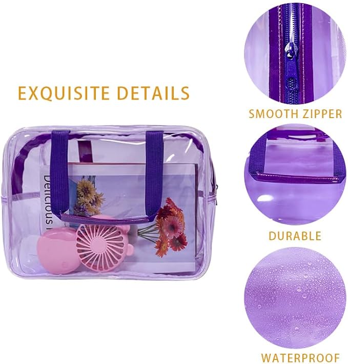 TotePrint PVC Purple Pure Color Transparent Gift Pouch Wash Travel Makeup Cosmetic Bag with Handle for Travel Bathroom Toiletry Organizer (Purple)