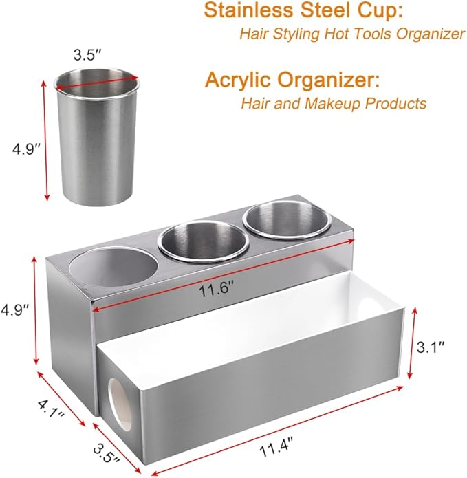 GFWARE Hot Hair Styling Tool Organizer with 3 Stainless Steel Cups, Silver