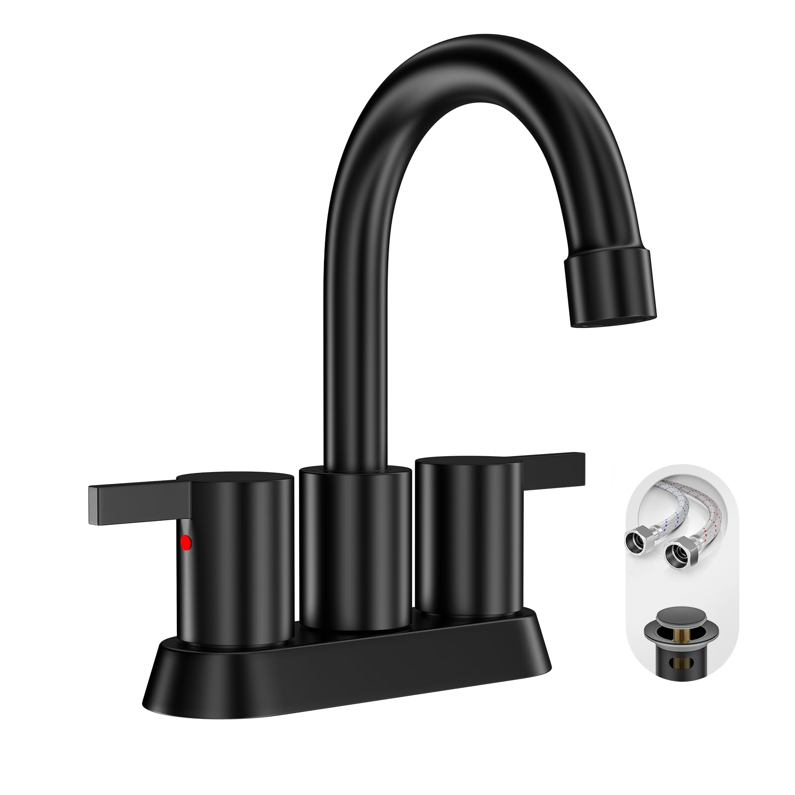Phiestina 4 Inch 2 Handle Centerset Matte Black Lead-Free Modern Bathroom Faucet, 360 Swivel Spout 2-3 Hole RV Bathroom Vanity Sink Faucet with Pop Up Drain and Water Supply Lines,BF015-1-MB