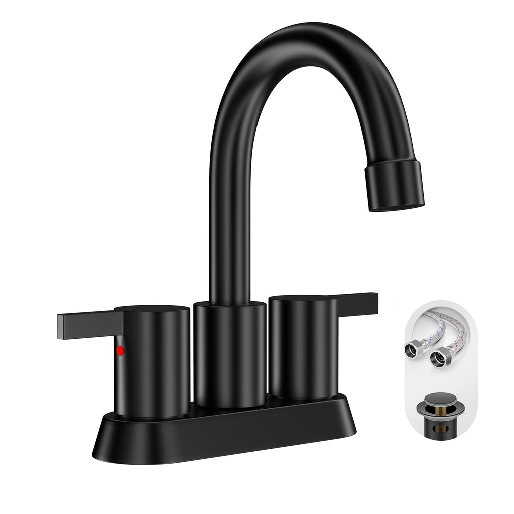 Phiestina 4 Inch 2 Handle Centerset Matte Black Lead-Free Modern Bathroom Faucet, 360 Swivel Spout 2-3 Hole RV Bathroom Vanity Sink Faucet with Pop Up Drain and Water Supply Lines,BF015-1-MB