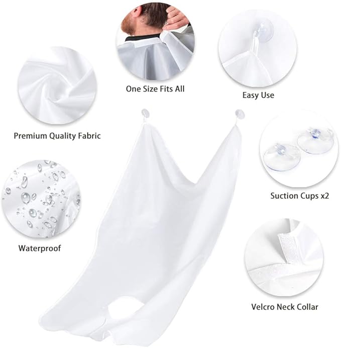 FITALA Beard Trimming Catcher Bib, Black Waterproof Apron with Suction Cups, 47.2 x 30.7 inches (White)