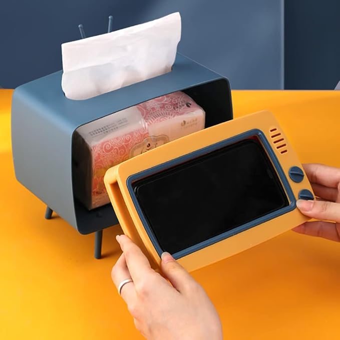 Fun Cute TV Tissue Box Holder,Multi Functional Square Tissue Box Cell Phone Holder for All Smartphone Toilet Paper Napkin Box Desktop Decoration for Room Bathroom Kitchen Dining (Blue)
