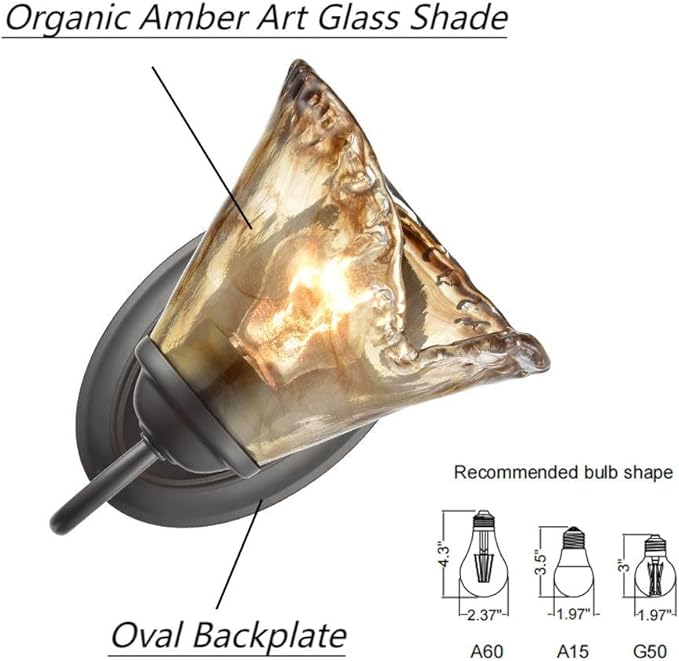 DANSEER Rustic Finish Wall Sconce Vintage Vanity Light with Amber Glow Glass Shade for Bathroom Living Room Hallway Staircase Set of 2