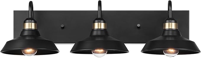 Globe Electric 63000199 24" 3-Light Vanity Light, Matte Black, Brass Accents, Exposed Bulb, Bathroom/Makeup Mirror, Wall Light
